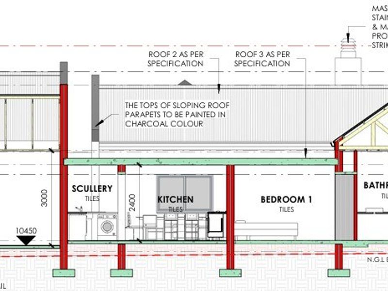 Architectural section drawing detailing the property layout, roof specifications, and exterior features including a masonry braai and pergola structure.