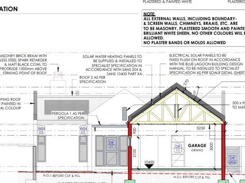 Architectural floor plan showing the west elevation of the property, including roof specifications, solar panel placement, and garage details.