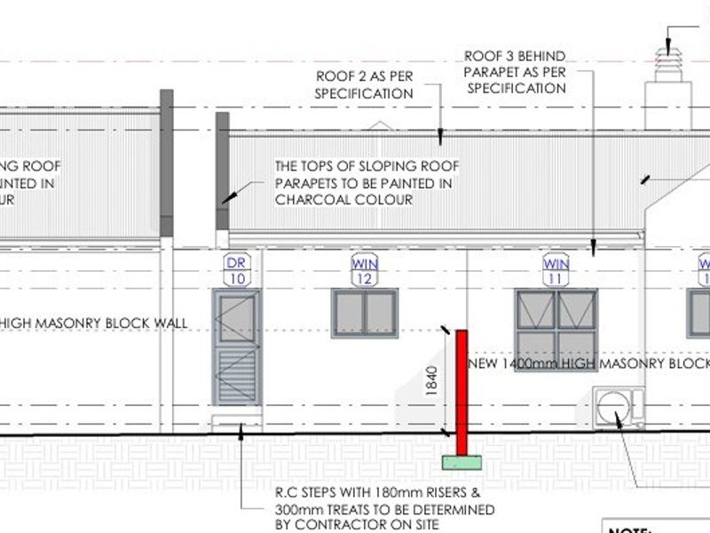 Architectural south elevation drawing detailing proposed masonry walls, roof specifications, and structural elements for the property renovation.