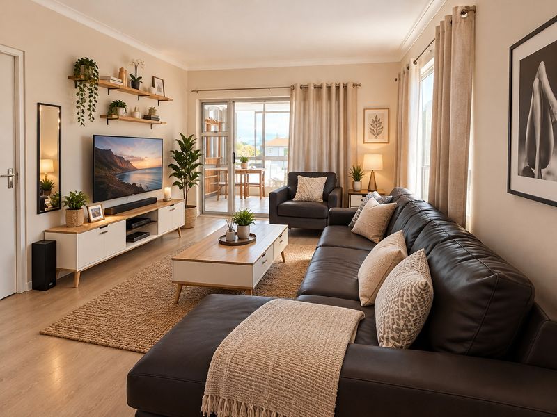 A well-maintained living room featuring laminate flooring, neutral walls, and a sliding glass door providing access to an outdoor balcony area.