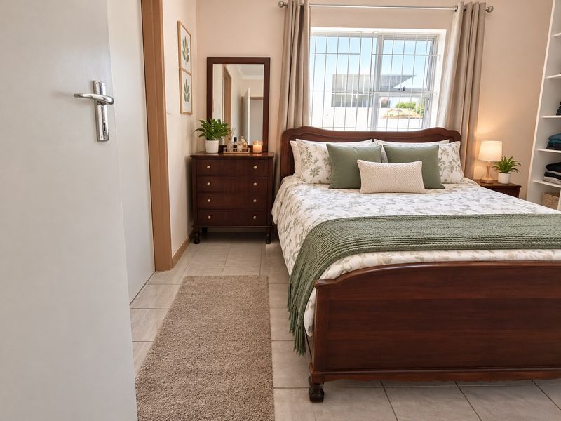 A well-maintained bedroom featuring tiled flooring, a window with security bars, and a built-in shelving unit.