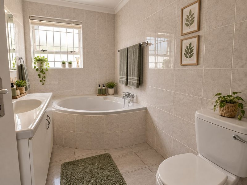 A well-maintained bathroom featuring a corner bathtub, built-in vanity, and neutral floor-to-ceiling wall tiles.