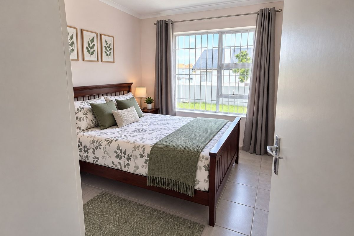 A well-maintained bedroom featuring tiled flooring, a large window with security bars, and neutral wall finishes.