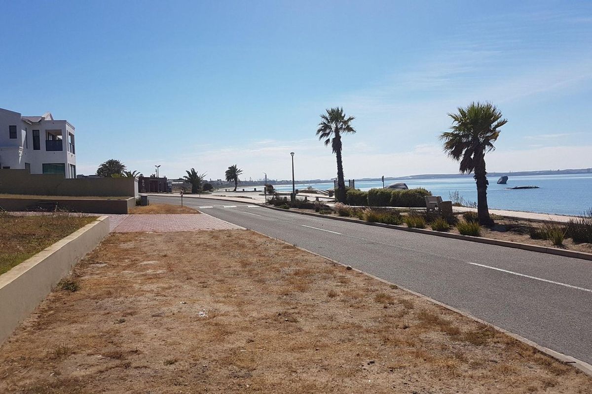 A street view of a coastal residential area featuring a paved road, sidewalk, and retaining wall with scenic ocean views.