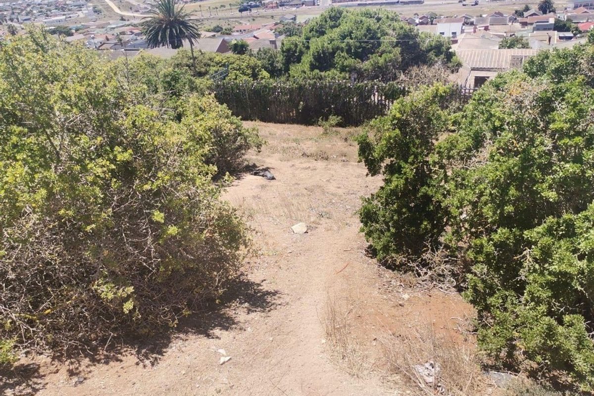 An elevated aerial view of a vacant residential plot featuring sloped terrain, established native vegetation, and distant coastal town views.
