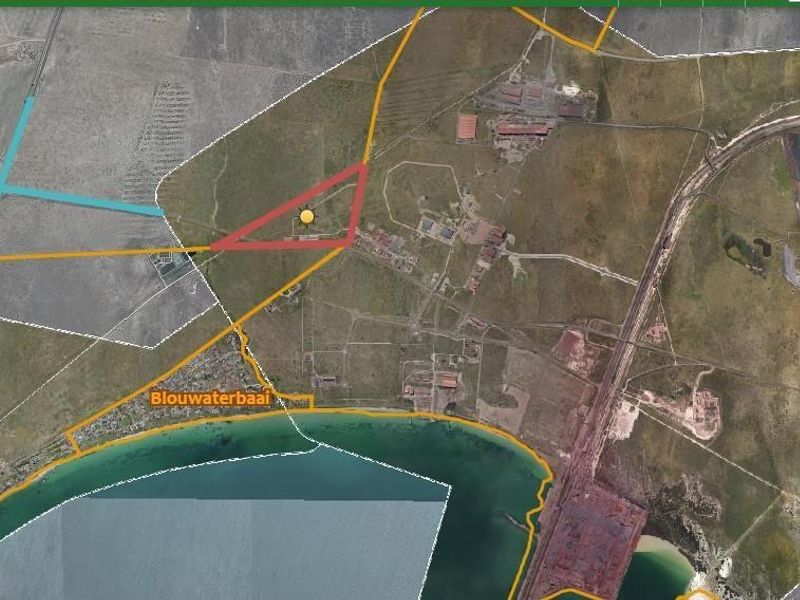An aerial view map showing the industrial property location in relation to Saldanha, Blouwaterbaai, and the Besaansklip Industrial Area.