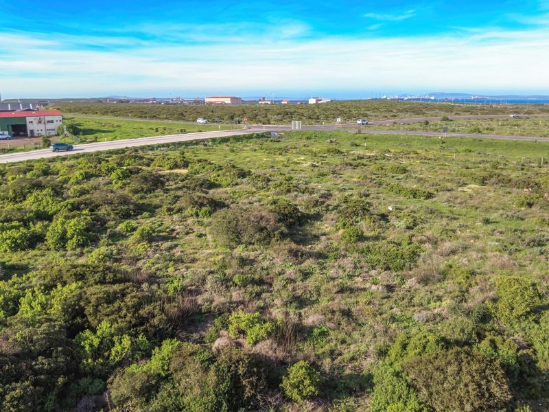 Aerial view of an expansive, undeveloped industrial plot situated adjacent to a main road with surrounding natural vegetation.