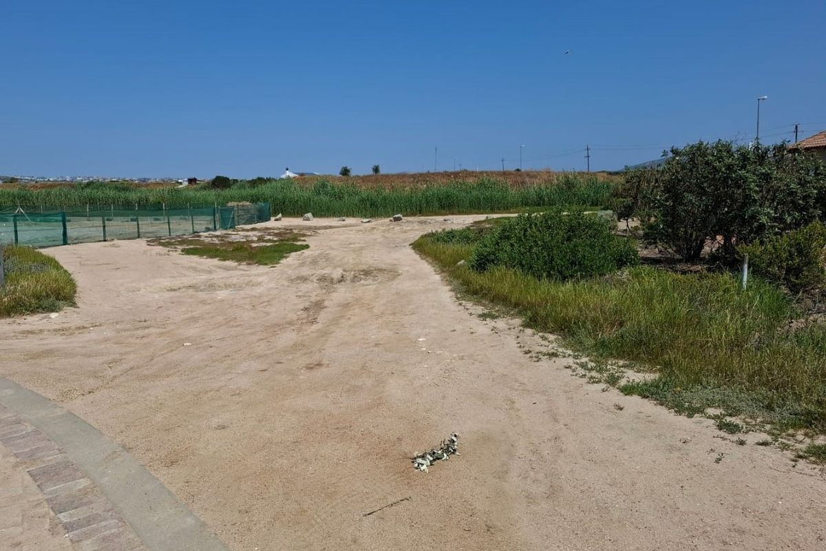 A view of a vacant residential plot featuring sandy ground, natural vegetation, and perimeter fencing.
