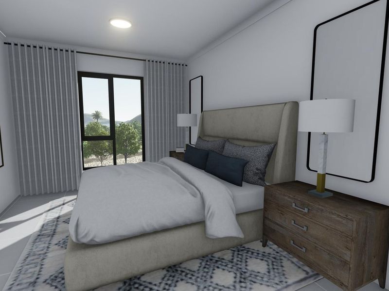 A well-lit bedroom featuring a large window with views, neutral wall finishes, and modern recessed ceiling lighting.