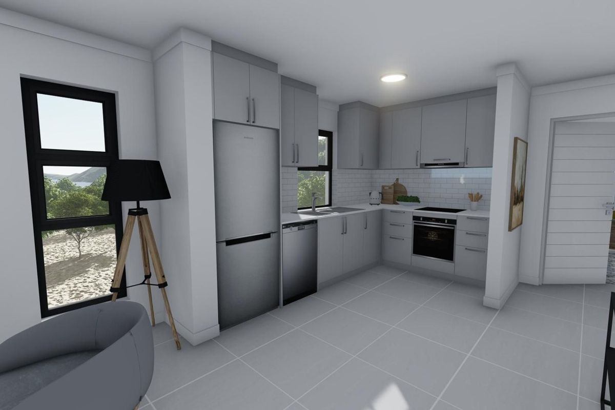 Modern kitchen featuring light grey cabinetry, subway tile backsplash, integrated appliances, and sleek tiled flooring in a clean, contemporary layout.