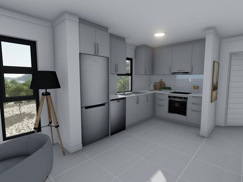Modern kitchen featuring light grey cabinetry, subway tile backsplash, integrated appliances, and sleek tiled flooring in a clean, contemporary layout.