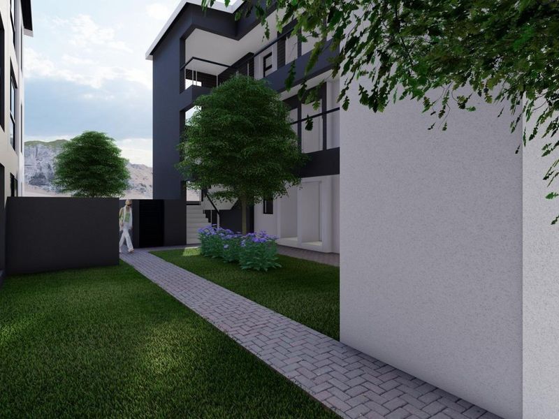 A modern apartment building exterior featuring a landscaped garden, paved walkway, and balconies, presented as a high-quality architectural render.