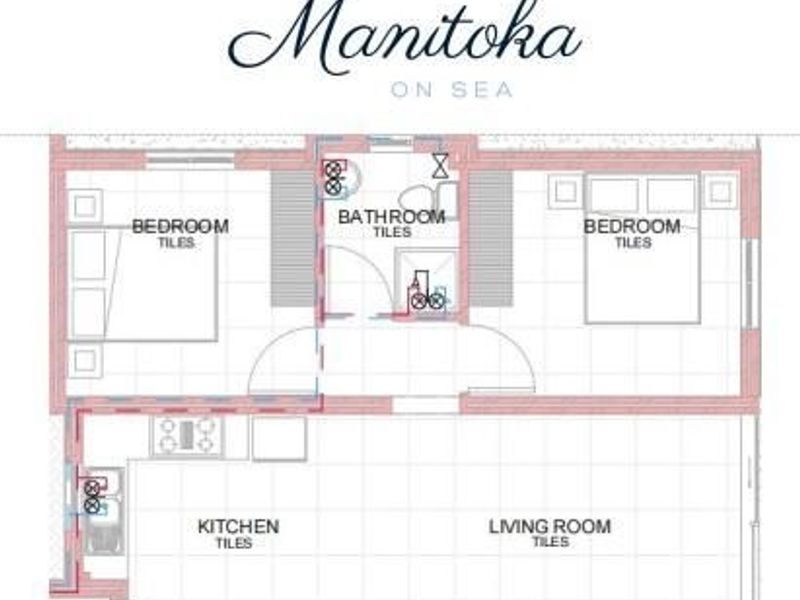 A detailed floor plan for a two-bedroom apartment featuring an open-plan kitchen and living area, a bathroom, and a built-in braai.