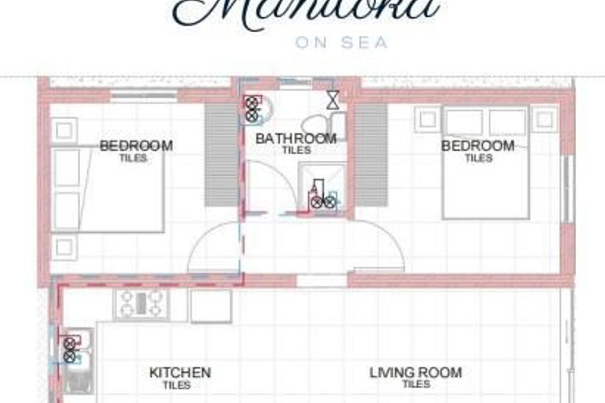 A detailed floor plan for a two-bedroom apartment featuring an open-plan kitchen and living area, a bathroom, and a built-in braai.