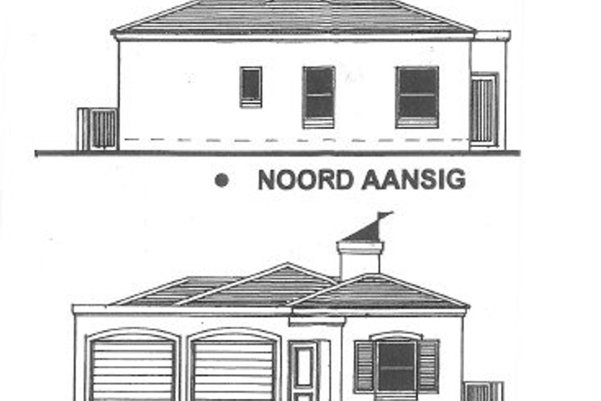 Architectural elevation drawings showing the north and south facades of the residential property, including garage and roof details.