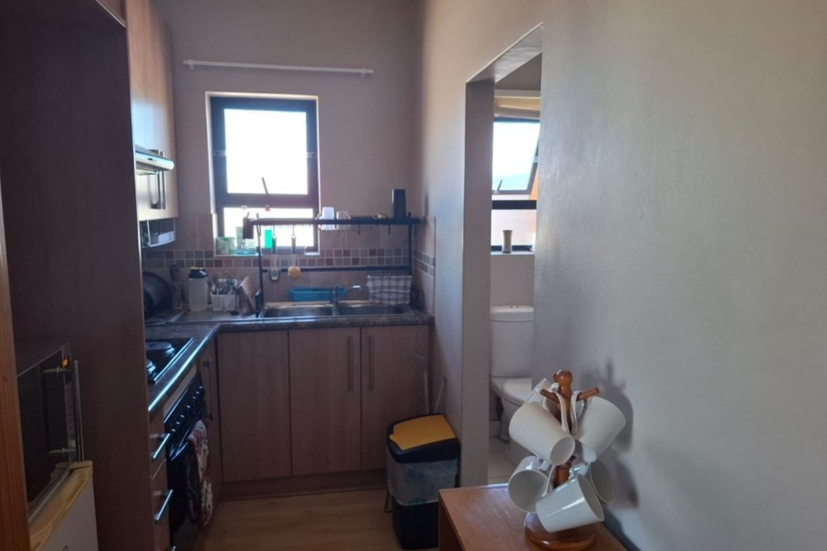 Compact kitchen featuring laminate cabinetry, tiled splashback, and built-in oven and hob, with an adjacent view into a bathroom area.