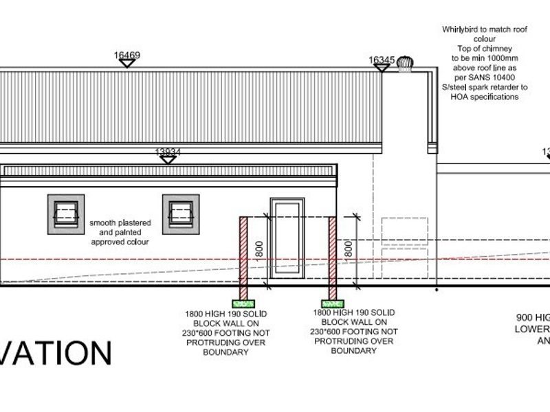 Architectural east elevation drawing showing building facade, roof details, and retaining wall specifications.