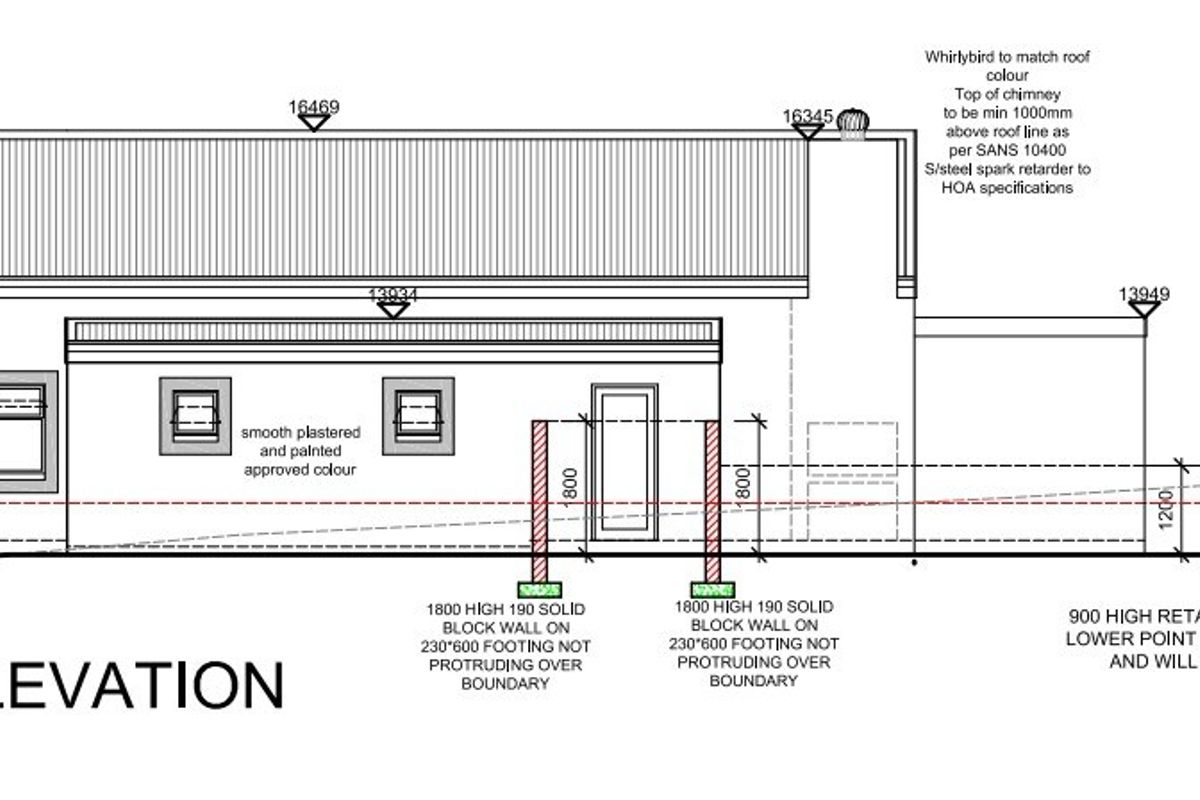 Architectural east elevation drawing showing building facade, roof details, and retaining wall specifications.