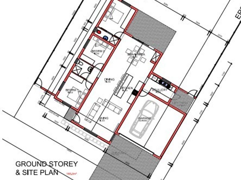 A detailed ground storey and site plan showing the layout of the house, including bedrooms, living areas, kitchen, scullery, and garage.