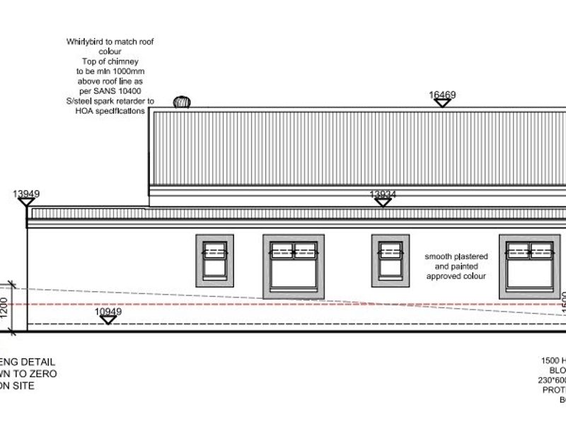 Architectural elevation drawing showing the side profile of the house, including roof details, window placements, and retaining wall specifications.