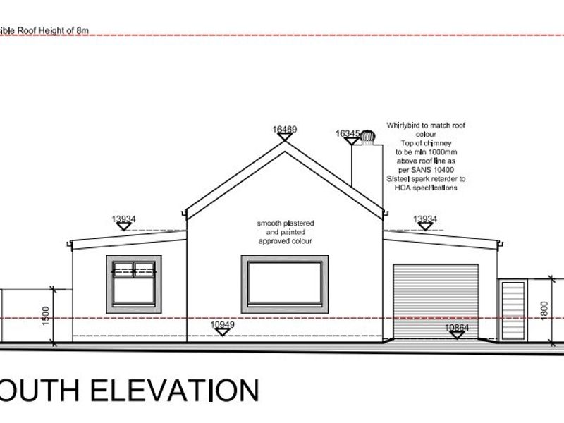 Architectural south elevation drawing showing the building facade, roofline, chimney, and garage door specifications.