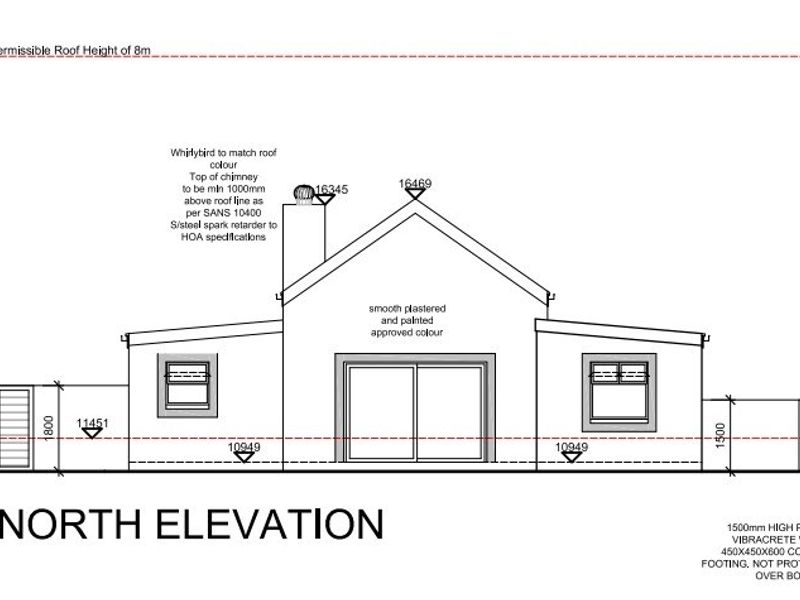 Architectural north elevation drawing showing the building facade, roofline, chimney, and boundary wall specifications.