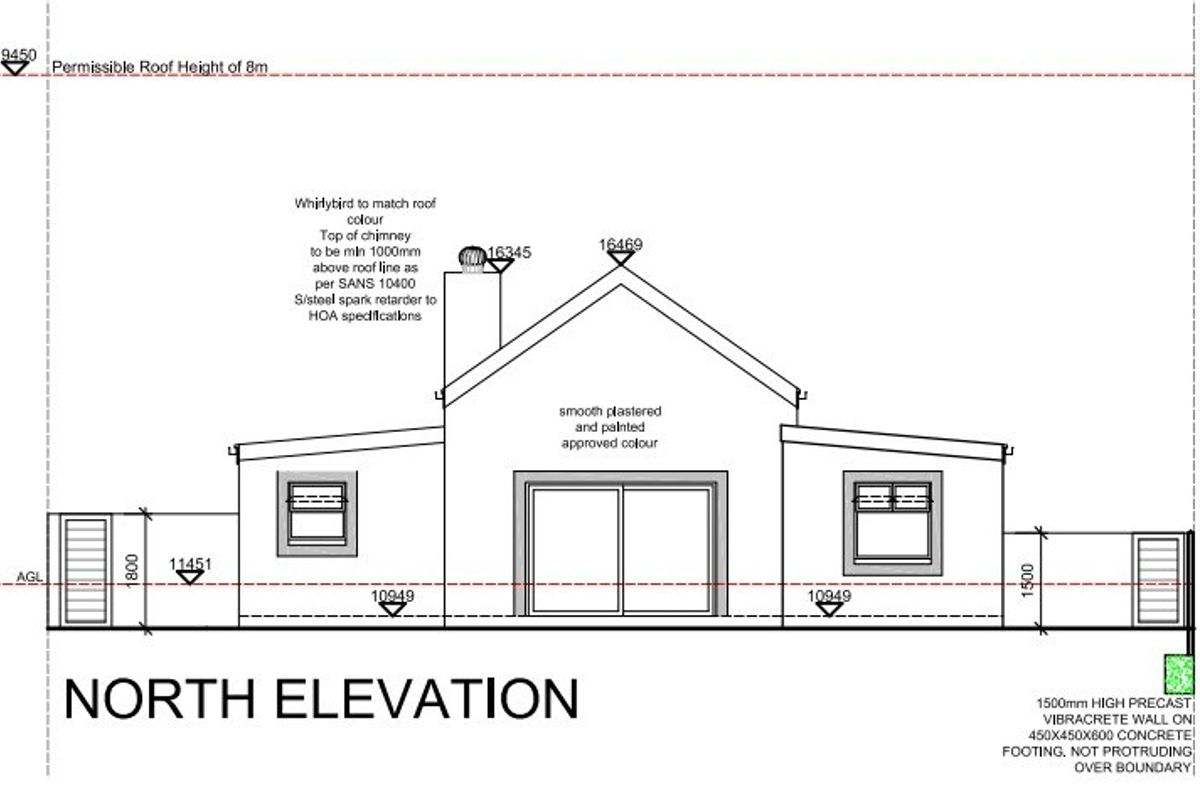 Architectural north elevation drawing showing the building facade, roofline, chimney, and boundary wall specifications.