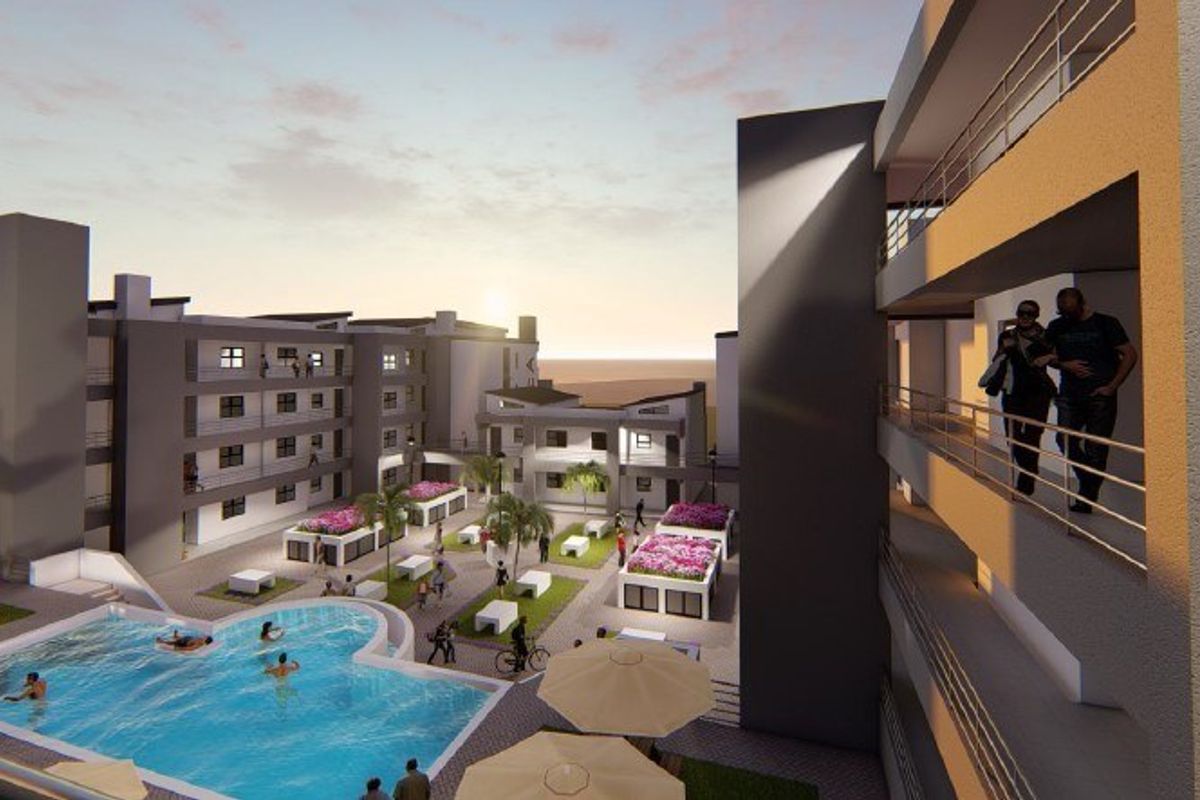 A 3D architectural rendering of a modern apartment complex featuring a central courtyard with a swimming pool and landscaped communal areas.