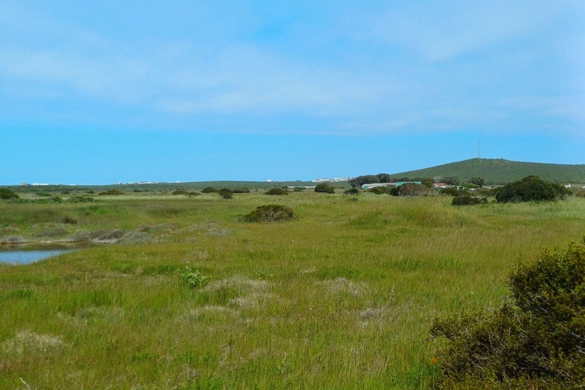 A wide-angle view of the vacant residential land, featuring natural coastal vegetation, open grassy terrain, and distant landscape views.