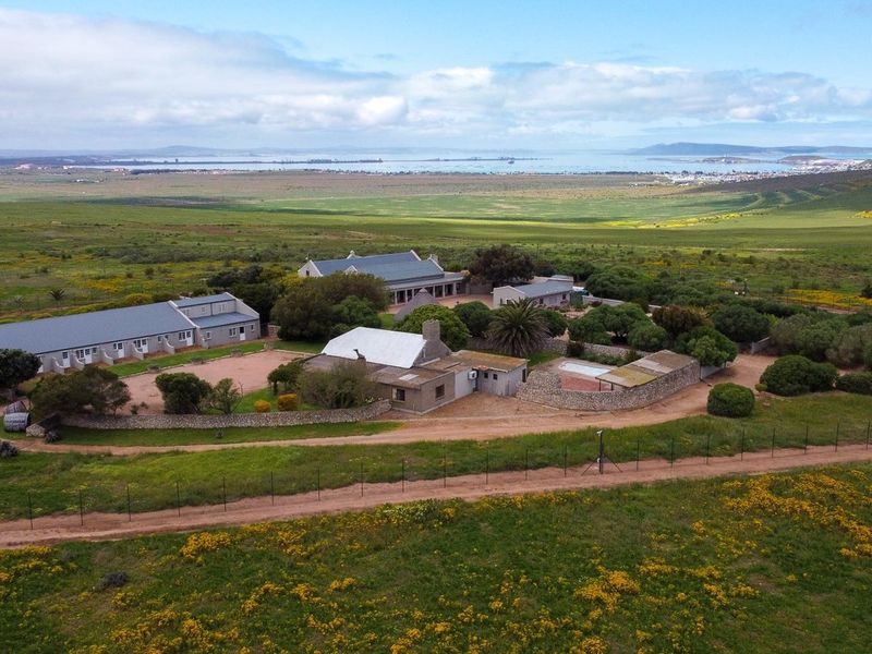 Aerial view of a sprawling farm property featuring multiple buildings, a swimming pool, and expansive surrounding landscape with distant coastal views.