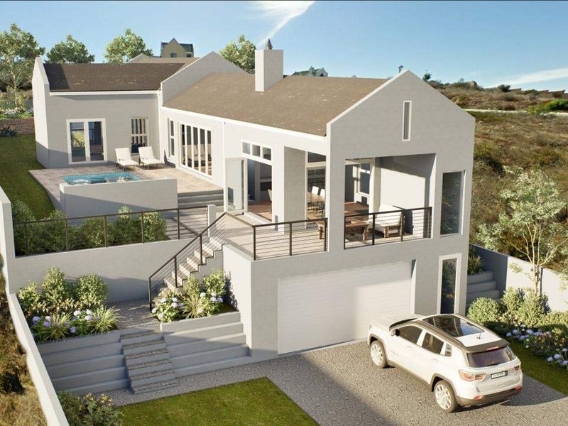 A 3D architectural rendering of a modern residential property featuring a rear patio, swimming pool, integrated garage, and landscaped terraced garden.