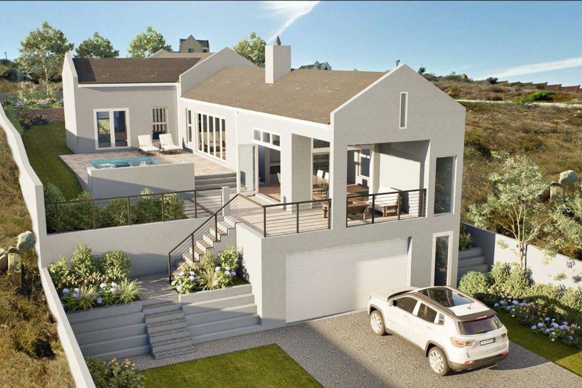 A 3D architectural rendering of a modern residential property featuring a rear patio, swimming pool, integrated garage, and landscaped terraced garden.