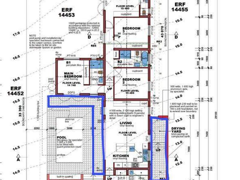 Architectural floor plan detailing the layout of a residential property including pool, terrace, living areas, and multiple bedrooms.