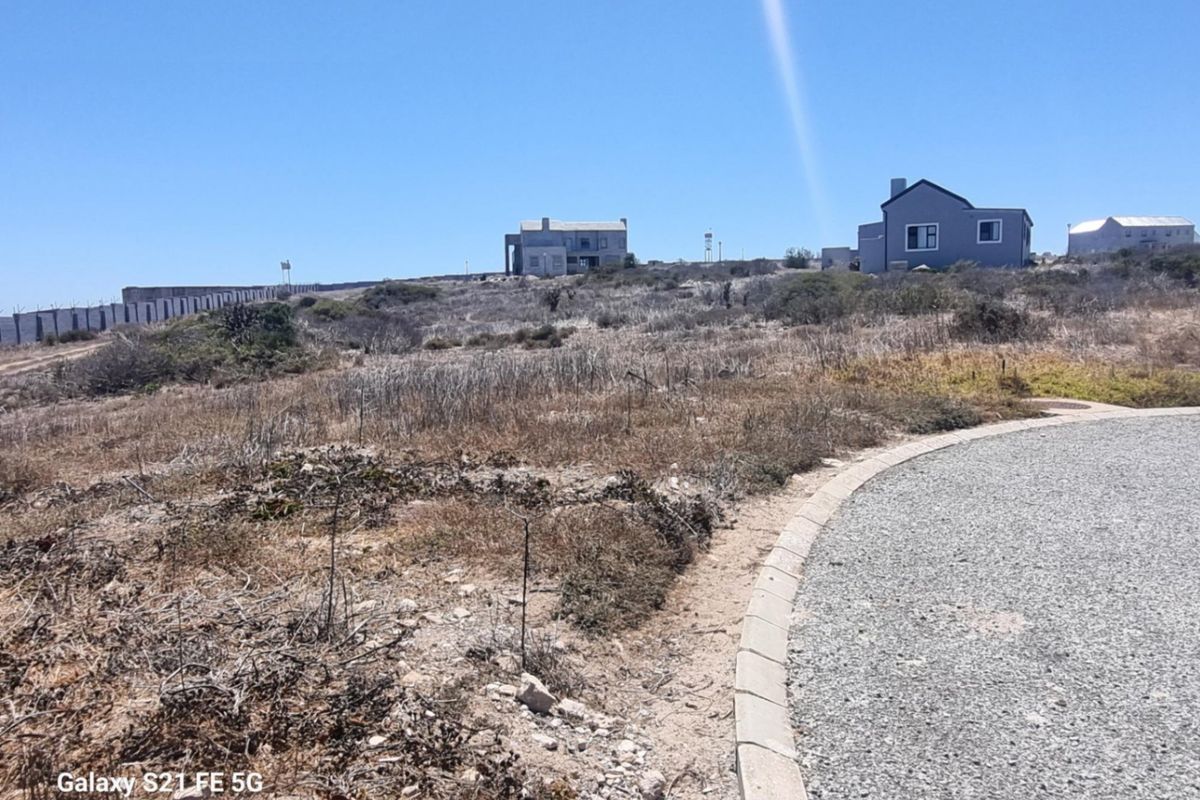 A view of a vacant residential plot featuring natural vegetation, adjacent to a paved road with concrete curbing in a coastal estate setting.