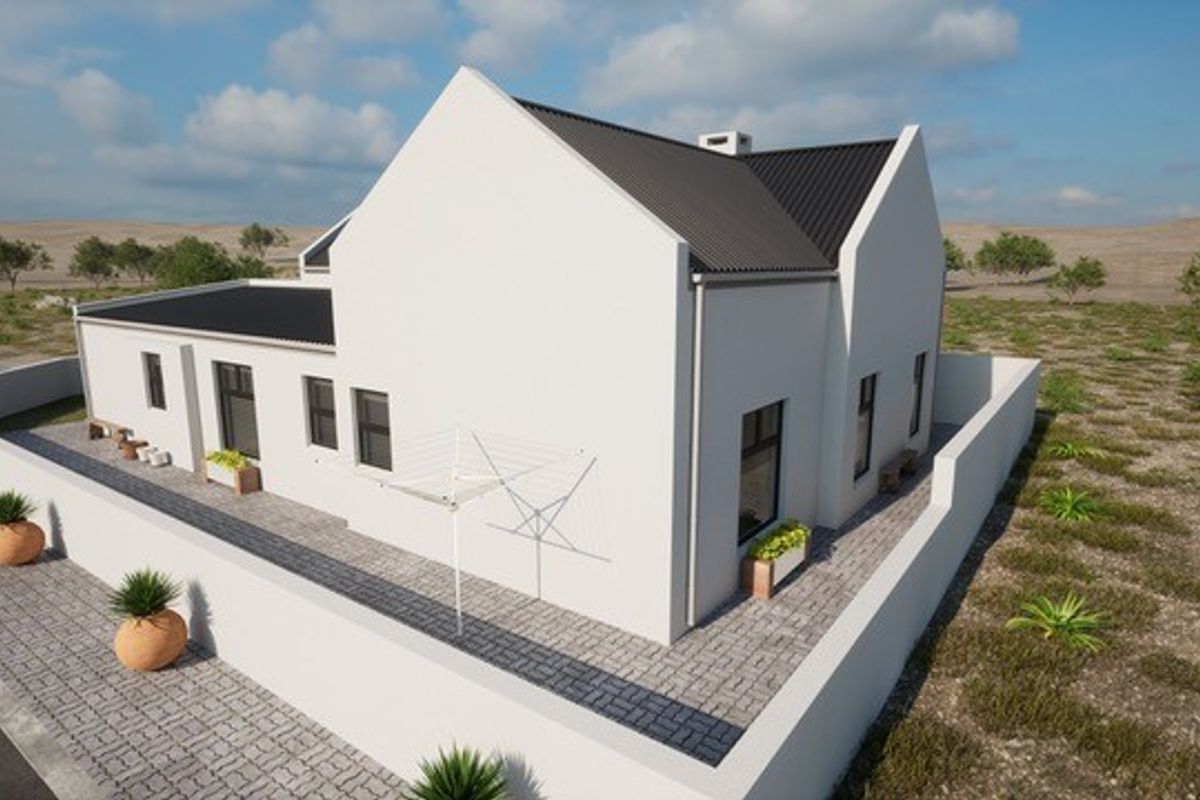 A high-angle view of a modern house featuring a white facade, dark metal roof, and paved perimeter walkway enclosed by a boundary wall.