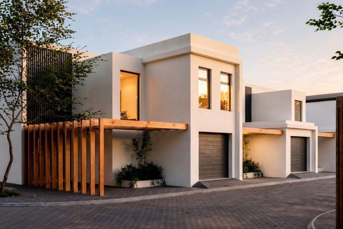 Modern contemporary townhouse facade featuring clean white render, timber pergola accents, integrated garage doors, and neatly paved driveway.