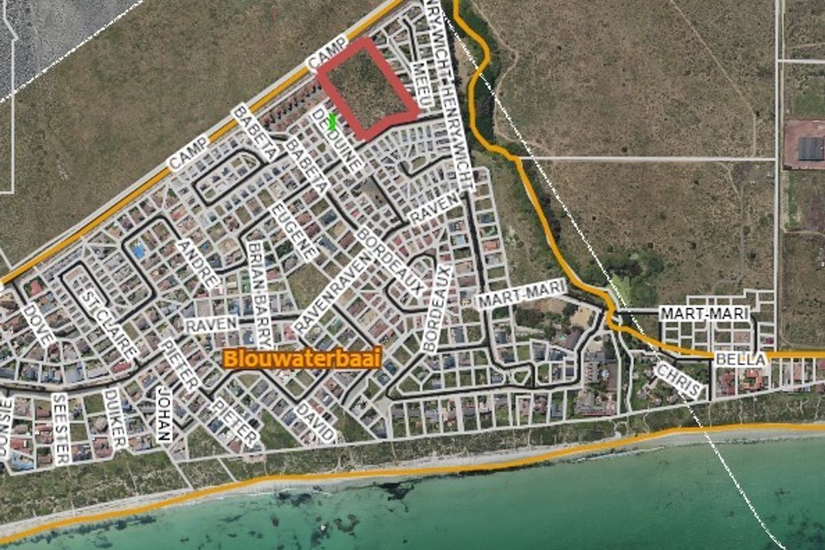 An aerial map view of the Blouwaterbaai area, highlighting a specific vacant plot of land within the residential street layout.