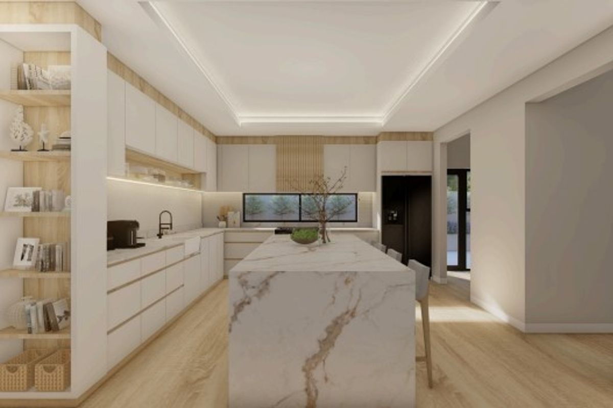 Modern kitchen featuring a large marble-topped island, sleek handleless cabinetry, integrated appliances, and warm wood-toned flooring with recessed ceiling lighting.