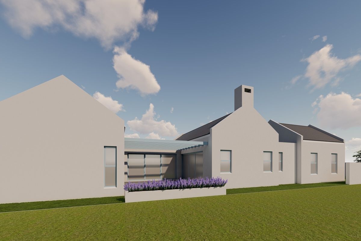 A digital architectural rendering of a modern farmhouse-style residence featuring a gabled roof, chimney, and a covered patio area.
