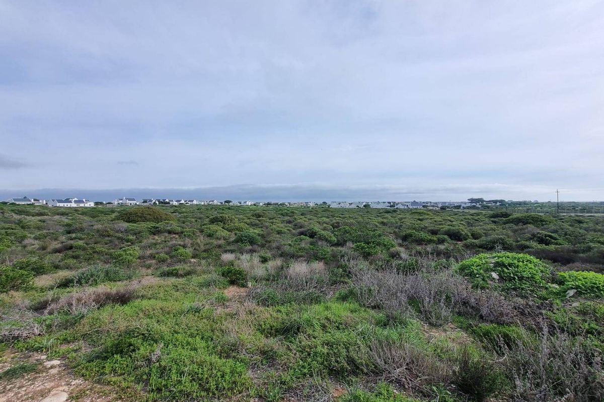 A wide-angle view of a vacant residential plot featuring natural coastal vegetation with distant residential housing visible on the horizon.