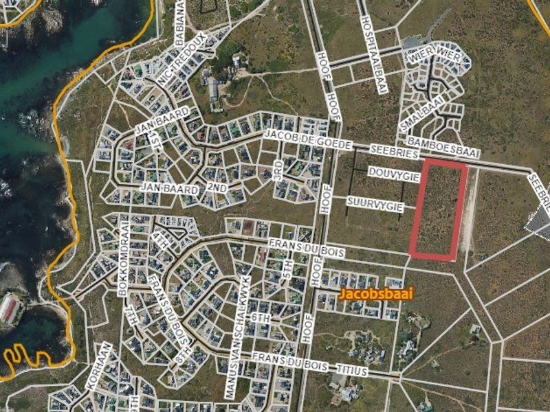 An aerial view showing the location of the vacant residential land plot within the Jacobsbaai area.