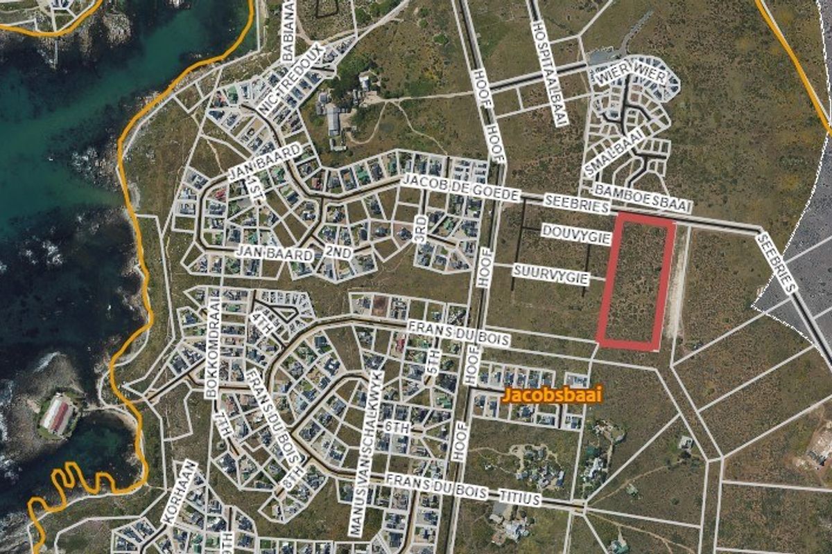 An aerial view showing the location of the vacant residential land plot within the Jacobsbaai area.