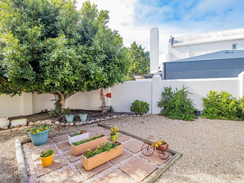 A well-maintained garden area featuring a paved patio section, gravel landscaping, and a mature tree enclosed by a solid boundary wall.