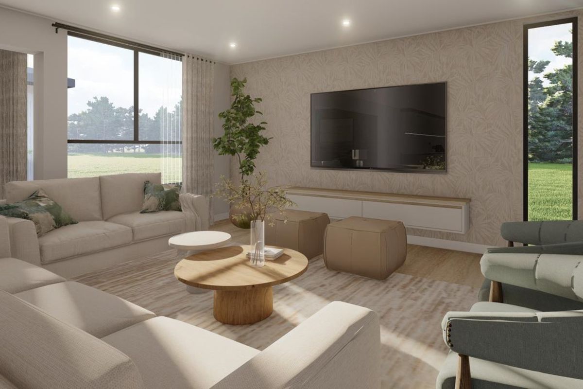 A bright and modern living room featuring large windows, recessed lighting, a floating media console, and elegant patterned wallpaper.