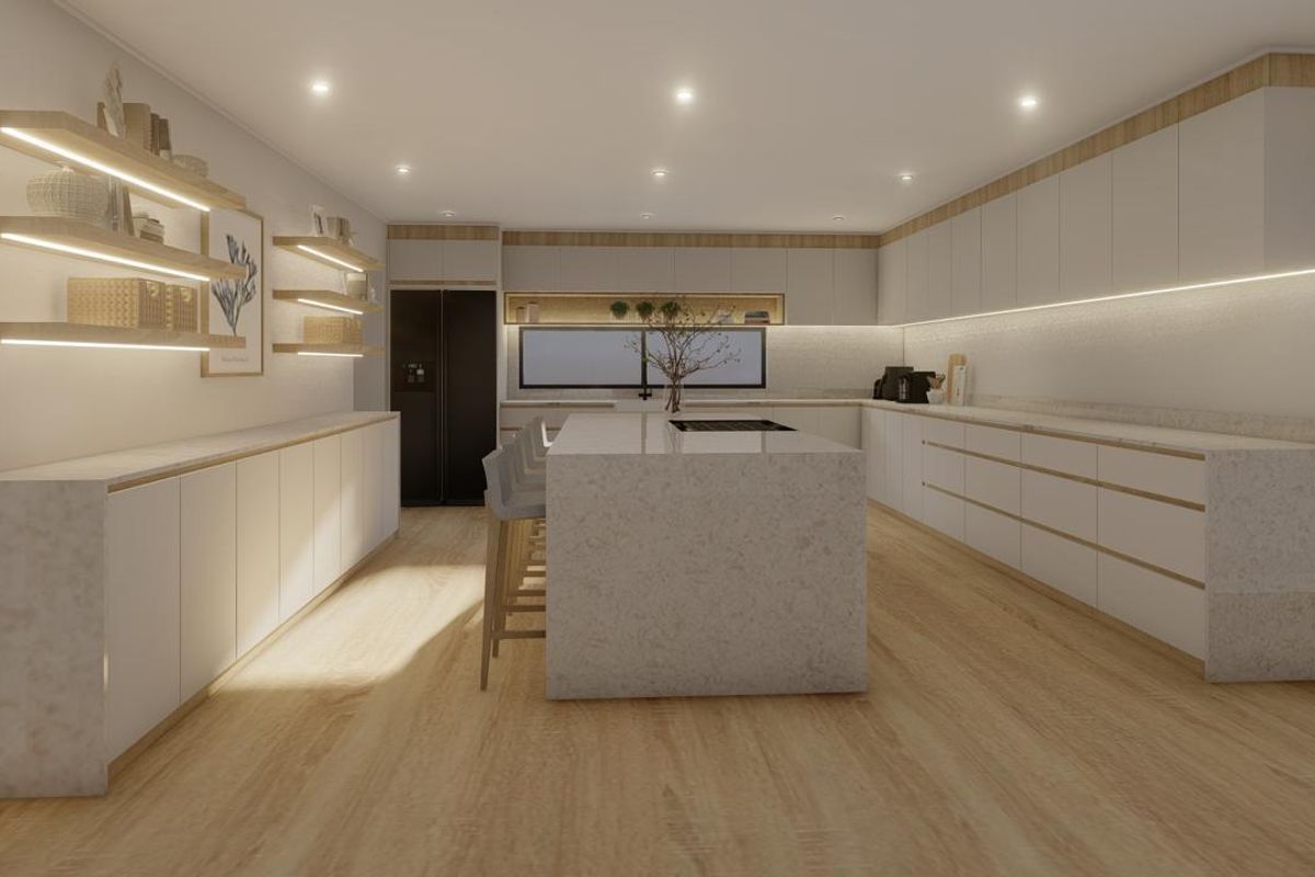 Modern, spacious kitchen featuring a large central island with stone countertops, extensive built-in cabinetry, floating shelves, and warm recessed lighting throughout.