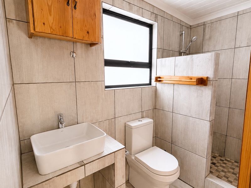 A modern bathroom featuring tiled walls, a vessel sink, a toilet, and a walk-in shower with a mosaic tiled floor.
