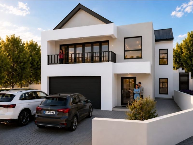 Modern double-story residential home featuring a paved driveway, double garage, and an upper-level balcony with contemporary architectural finishes.