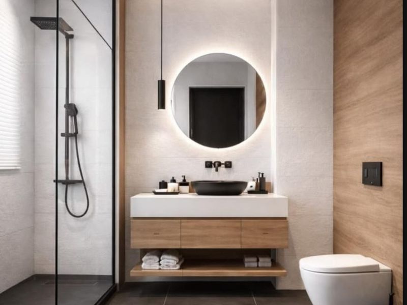 Modern bathroom featuring a floating vanity with vessel sink, wall-hung toilet, walk-in shower with glass screen, and contemporary wood-look wall accents.