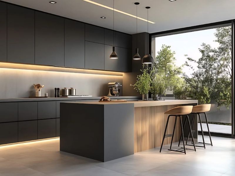 Modern kitchen featuring sleek matte black cabinetry, a central island with wood accents, integrated lighting, and large windows overlooking the garden.