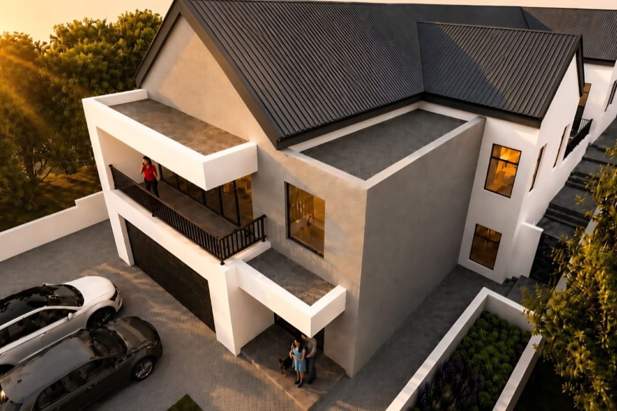 An elevated perspective of a modern two-story house featuring a dark metal roof, a spacious balcony, and a paved driveway.